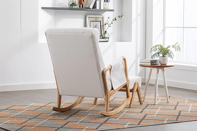 Armchair with Ottoman, Mid-Century Upholstered Accent Nursery, Glider Rocker Thick Cushion, Comfy Indoor Leisure Lounge Living Room, Bedroom, Office, Rocking Chair, Beige - LeafyLoom