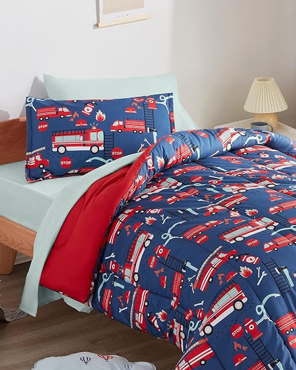 SLEEP ZONE Kids Bedding Twin Comforter Set - Super Soft & Cute Printed 2-Piece Comforter Set All Seasons for Boys, Girls, Fade Resistant, Machine Washable, Fire Truck - LeafyLoom