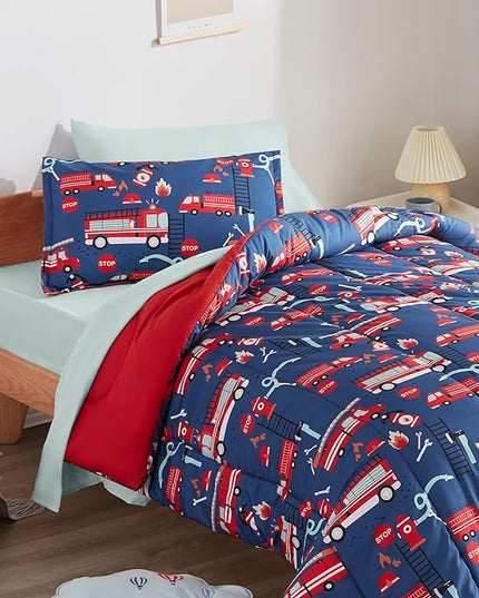 SLEEP ZONE Kids Bedding Comforter Set Full/Queen Size - Super Soft & Cute Printed 3-Piece Comforter Set All Seasons for Boys, Girls, Fade Resistant, Machine Washable, Fire Truck - LeafyLoom
