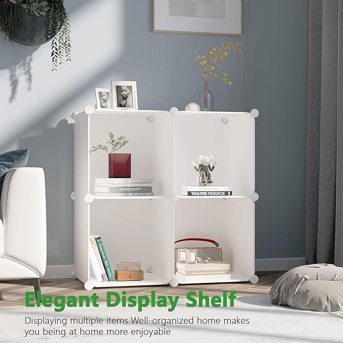C&AHOME Cube Storage Organizer, 4-Cube Shelves Units, Closet Cabinet, DIY Plastic Modular Book Shelf Ideal for Bedroom, Living Room, Office, 24.8" L x 12.4" W x 24.8" H Milky UPCS04M - LeafyLoom