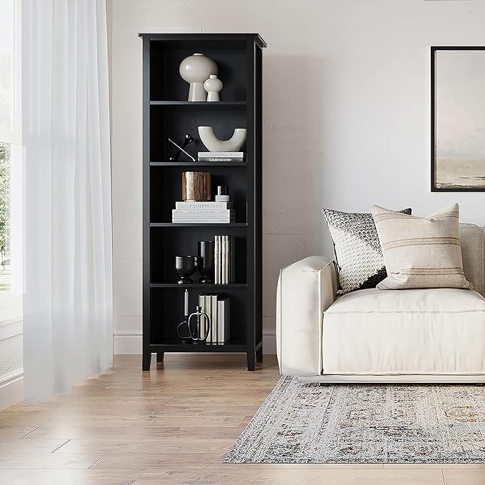 SIMPLIHOME Artisan SOLID WOOD 26 Inch Contemporary 5 Shelf Bookcase in Black, For the Living Room, Study Room and Office - LeafyLoom