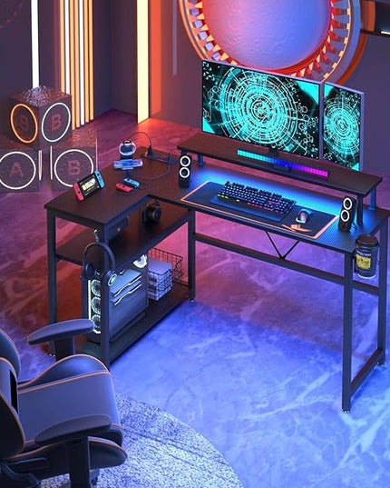 L Shaped Gaming Desk with Power Outlets & LED Strip Lights,Computer desk with Large Monitor Stand,Corner Desk with Storage Shelf,Headphone Hook&Cup Holder for Home Office - LeafyLoom