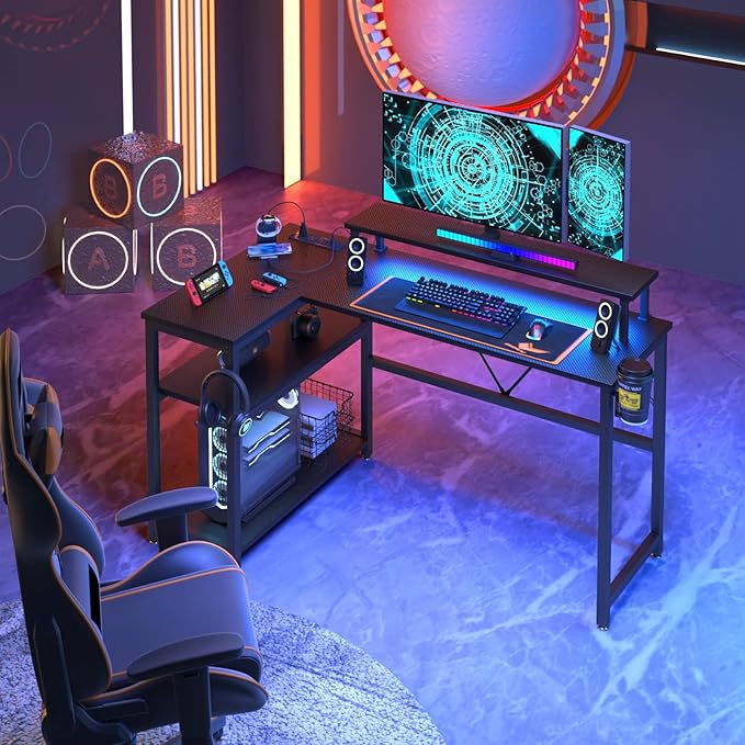 L Shaped Gaming Desk with Power Outlets & LED Strip Lights,Computer desk with Large Monitor Stand,Corner Desk with Storage Shelf,Headphone Hook&Cup Holder for Home Office - LeafyLoom