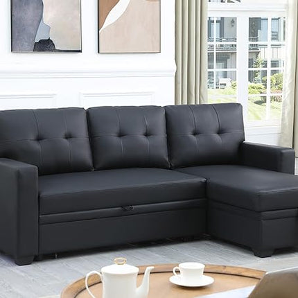 82" L Shaped Pull Out Couch Bed with Storage Chaise,Faux Leather Upholstered Convertible Sectional Sofa W/ 3 Removable Back Cushions for Living Room,Apartment,Office,Black - LeafyLoom