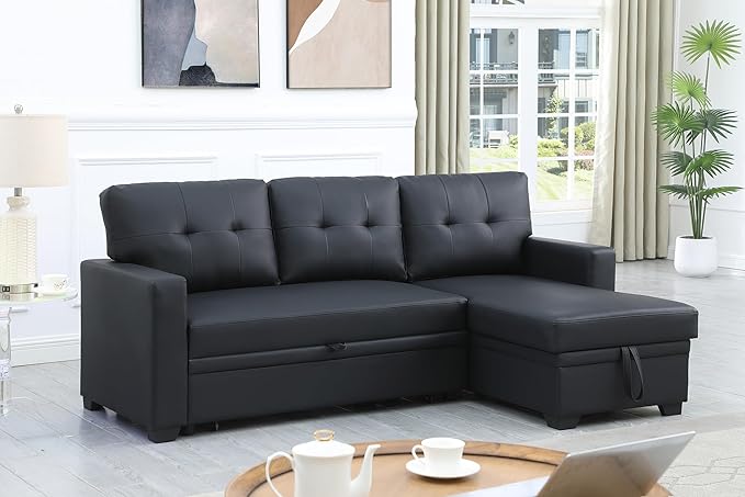 82" L Shaped Pull Out Couch Bed with Storage Chaise,Faux Leather Upholstered Convertible Sectional Sofa W/ 3 Removable Back Cushions for Living Room,Apartment,Office,Black - LeafyLoom