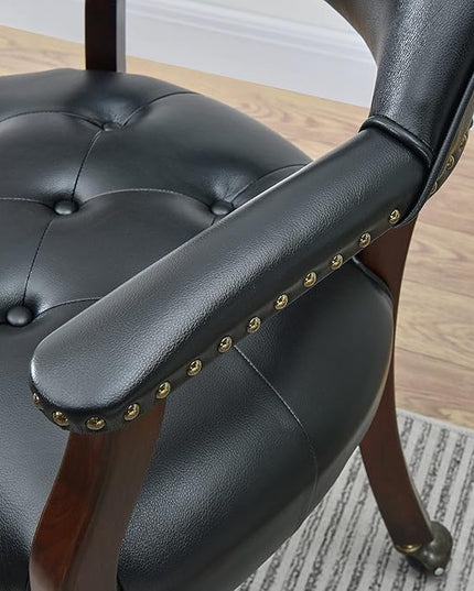 Large Dining Chairs with Casters and Arms, Rolling Dining Chairs with Wheels, Accent Game Chairs Boss Caption's Chairs, 26" D x 25.2" W x 31.5" H, Cherry Legs & Black SY-1533-BK - LeafyLoom