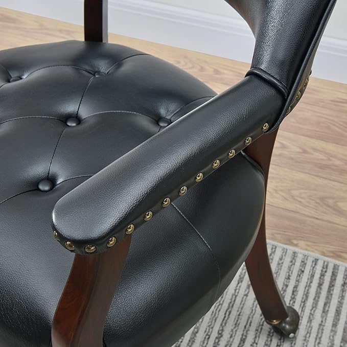 Large Dining Chairs with Casters and Arms, Rolling Dining Chairs with Wheels, Accent Game Chairs Boss Caption's Chairs, 26" D x 25.2" W x 31.5" H, Cherry Legs & Black SY-1533-BK - LeafyLoom