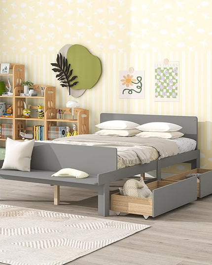 Dolonm Full Bed Frames for Kids with 2 Drawers, Storage Platform Bed with Footboard Bench, Twin Kids Bed Headboard Frame Pine Wood, High Stable, No Box Spring Needed, Twin Bed for Kids, Grey - LeafyLoom