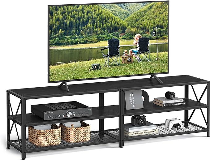 VASAGLE TV Stand, TV Console for TVs Up to 75 Inches, TV Table, 70.1 Inches Width, TV Cabinet with Storage Shelves, Steel Frame, for Living Room, Bedroom, Black with Wood Grain ULTV096B22 - LeafyLoom