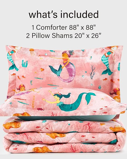 Twin Mermaid Bedding Sets for Girls, 3 Pieces Kids Queen Comforter Sets, Super Soft Lightweight for All Seasons, Includes 1 Comforter (88"x88") and 2 Pillowcase (20"x26"+2") - LeafyLoom