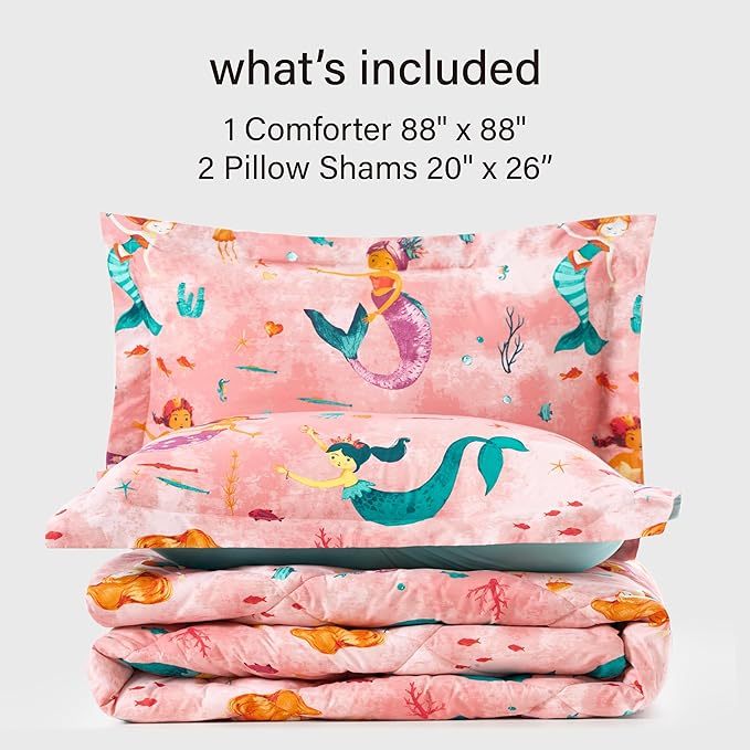 Twin Mermaid Bedding Sets for Girls, 3 Pieces Kids Queen Comforter Sets, Super Soft Lightweight for All Seasons, Includes 1 Comforter (88"x88") and 2 Pillowcase (20"x26"+2") - LeafyLoom