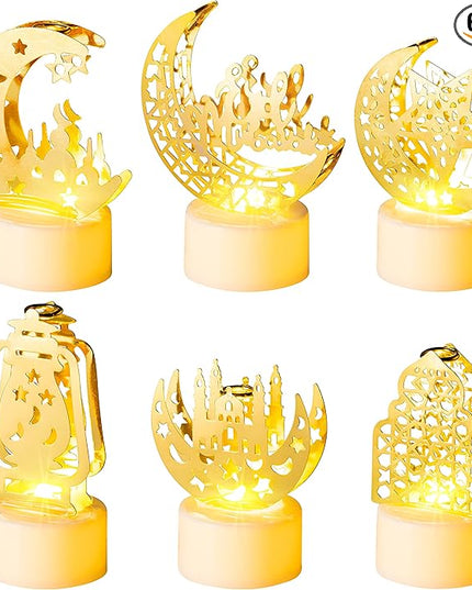 6Pcs Ramadan Mini Lantern Lights Decoration, Moon Castle Lighthouse Eid Mubarak Lamp Battery Included Plastic LED Night Light for Eid Ramadan Party Home Indoor Outdoor Bedroom Tabletop Decor - LeafyLoom