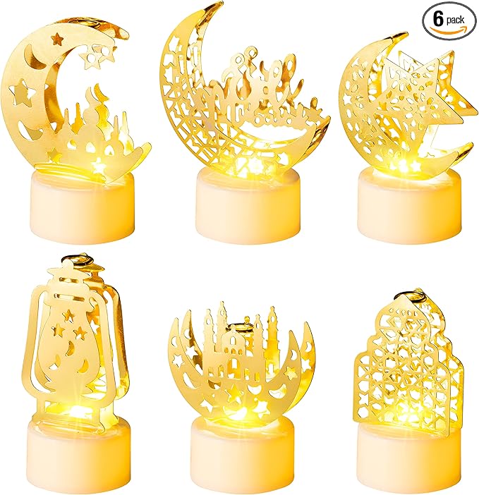 6Pcs Ramadan Mini Lantern Lights Decoration, Moon Castle Lighthouse Eid Mubarak Lamp Battery Included Plastic LED Night Light for Eid Ramadan Party Home Indoor Outdoor Bedroom Tabletop Decor - LeafyLoom