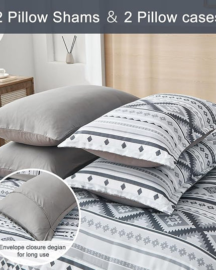 Dinjoy Grey Boho Comforter Set Queen Size,7 Pieces Bed in a Bag Queen Light Gray Aztec Bedding Sets with Sheets Bohemian Geometric Striped Complete Set for All Seasons 90"x90" - LeafyLoom