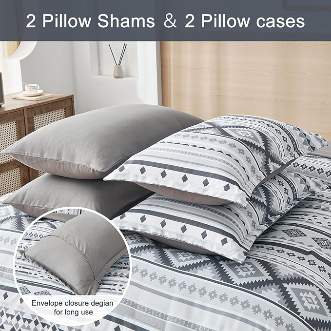 Dinjoy Grey Boho Comforter Set Queen Size,7 Pieces Bed in a Bag Queen Light Gray Aztec Bedding Sets with Sheets Bohemian Geometric Striped Complete Set for All Seasons 90"x90" - LeafyLoom