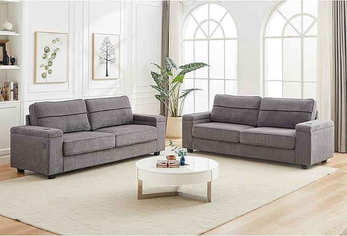 Modern Living Room Upholstered 3 Seater Sofa Couch Deep Seat Soft Corduroy Sofa&Couch with Storage Armrests, 2 Cupholders, Type-C and USB Charging Ports for Home, Apartment, Office - LeafyLoom