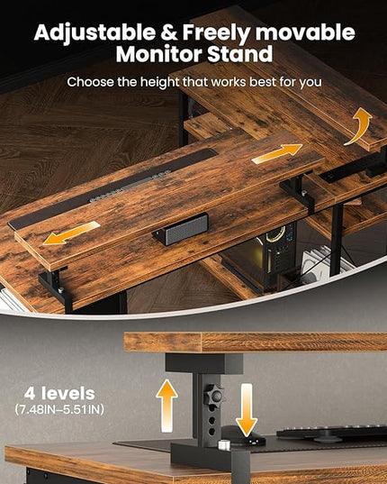 47 inch L Shaped Desk, Computer Desk, Adjustable Stand Office Desk, Power Outlets & Storage Drawer, Reversible Computer Desk with Shelves & Headset Hooks - LeafyLoom