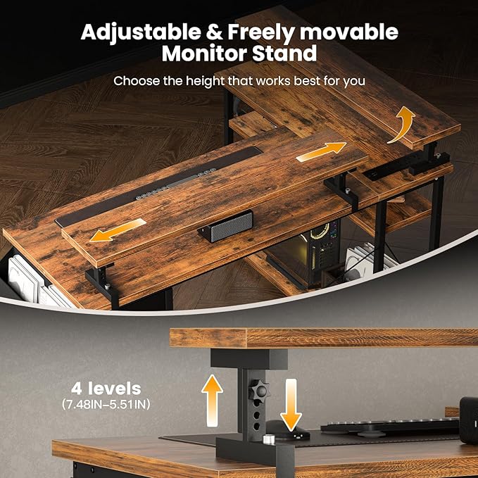 47 inch L Shaped Desk, Computer Desk, Adjustable Stand Office Desk, Power Outlets & Storage Drawer, Reversible Computer Desk with Shelves & Headset Hooks - LeafyLoom