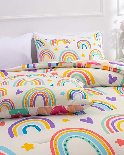 Btargot 3 Piece Kids Rainbow Comforter Set with 2 Pillow Covers, Cartoon Love Hearts Suns and Stars Bedding Set for Girls Boys Kids, Twin Beige - LeafyLoom