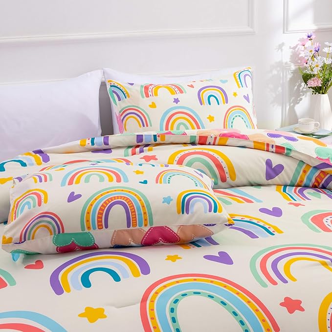 Btargot 3 Piece Kids Rainbow Comforter Set with 2 Pillow Covers, Cartoon Love Hearts Suns and Stars Bedding Set for Girls Boys Kids, Twin Beige - LeafyLoom