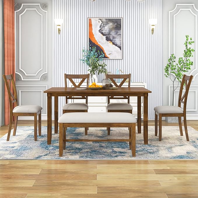 Dining Table Set for 6, Wood Rectangular Dining Table and 4 Fabric Chairs & Bench, 6-Piece Kitchen Table Set for Dining Room and Living Room, Natural Cherry - LeafyLoom