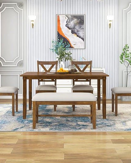 Farmhouse 6-Piece Wood Rectangular Dining Table Set with Bench and 4 Upholstered Chairs for Kitchen, Breakfast Nook, Living Room, Natural Cherry, 60" L x 36" W x 30" H - LeafyLoom