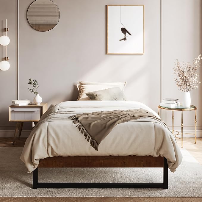 SHA CERLIN 14'' Twin Size Metal Platform Bed Frame with Rustic Wood & Reverse Holes/Ample Under-Bed Storage Space/Mattress Foundation/No Box Spring Needed/Easy Assembly - LeafyLoom