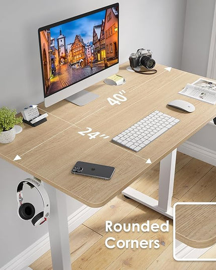 STARY Electric Adjustable Height Sit Stand Home Office Desk with Splice Board, 40x24, Castin Oak Desktop/White Frame - LeafyLoom