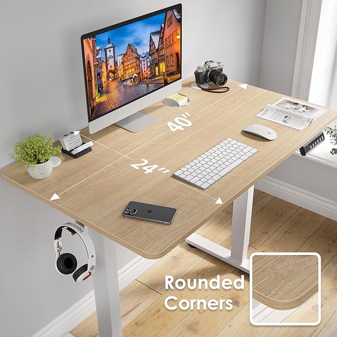 STARY Electric Adjustable Height Sit Stand Home Office Desk with Splice Board, 40x24, Castin Oak Desktop/White Frame - LeafyLoom