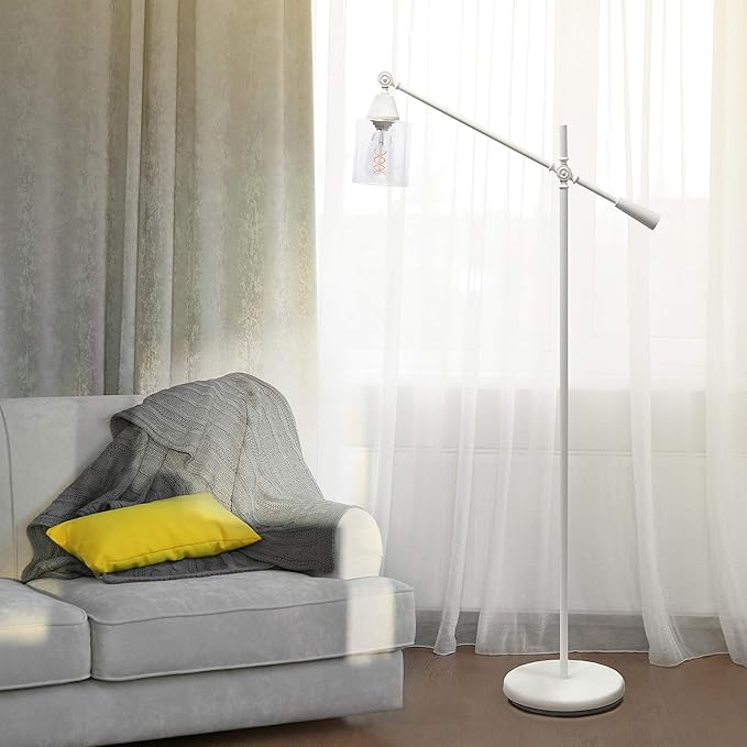 Elegant Designs LF1030-WHT Pivot Arm Glass Shade Floor Lamp, White - LeafyLoom