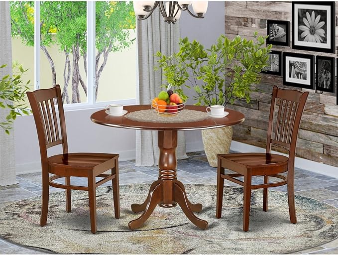 East West Furniture Dublin 3 Piece Room Set Contains a Round Kitchen Table with Dropleaf and 2 Dining Chairs, 42x42 Inch, Mahogany - LeafyLoom