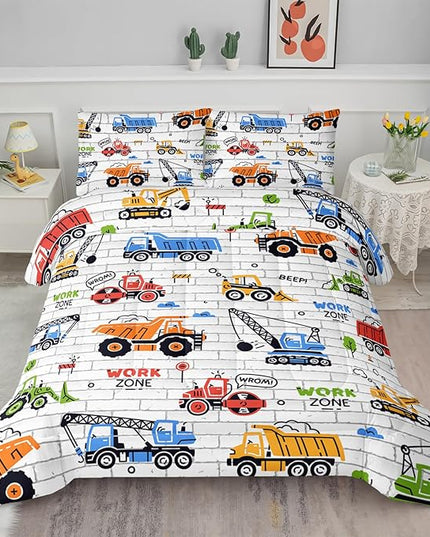 Axolotl Construction Comforter Set Queen,Excavator Bedding Set,Construction Vehicles Comforter Set,Excavator Comforter,Excavator Tractor Trucks Bedding Set for Kids Boys Teens,1 Quilt 2 Pillowcases - LeafyLoom