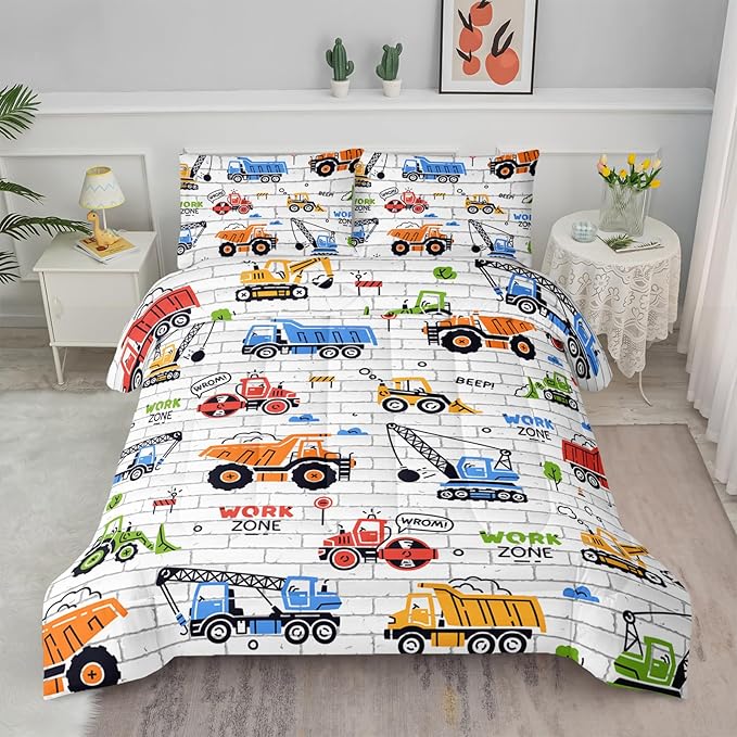 Axolotl Construction Comforter Set Queen,Excavator Bedding Set,Construction Vehicles Comforter Set,Excavator Comforter,Excavator Tractor Trucks Bedding Set for Kids Boys Teens,1 Quilt 2 Pillowcases - LeafyLoom