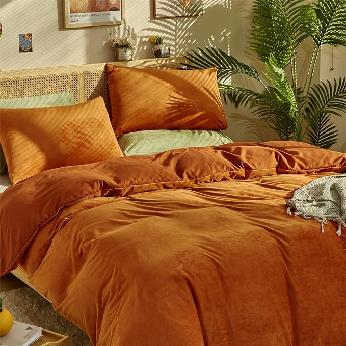 Wellboo Burnt Orange Fluffy Comforter Sets King Women Men Rust Caramel Velvet Bedding Comforters Solid Terracotta Flannel Modern Aesthetic Quilts Warm Winter Plain Reddish Plush Blankets Soft Durable - LeafyLoom