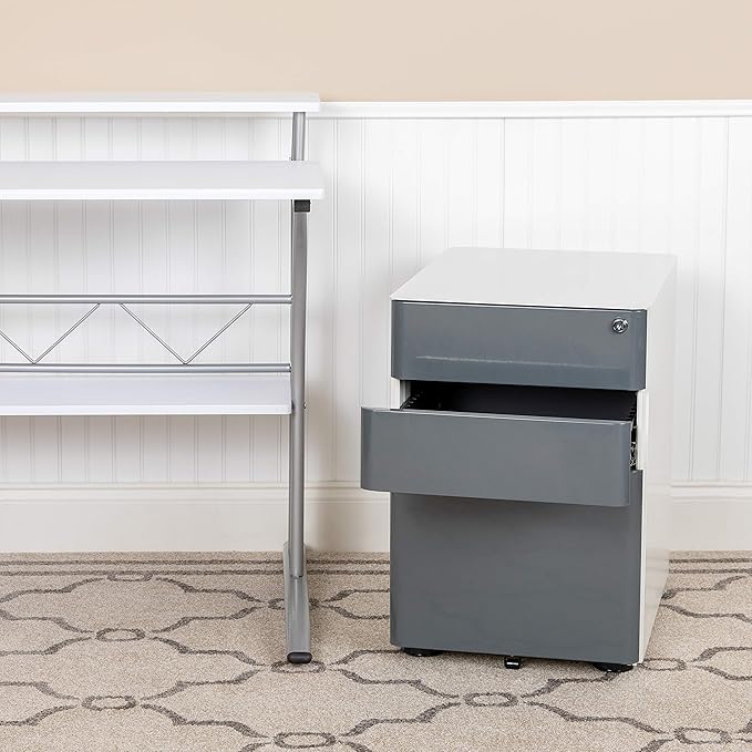 Flash Furniture Warner Modern 3-Drawer Mobile Locking Filing Cabinet with Anti-Tilt Mechanism & Letter/Legal Drawer, White with Charcoal Faceplate - LeafyLoom