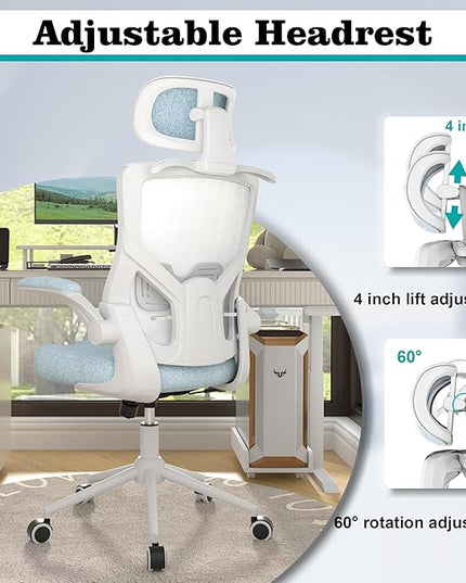Ergonomic Office Chair, High Back Mesh Desk Chair with Thick Molded Foam Cushion, Coat Hanger, Adjustable Headrest, Lumbar Support, Tilt & Lock Function-Task Chair (Carolina Blue) - LeafyLoom