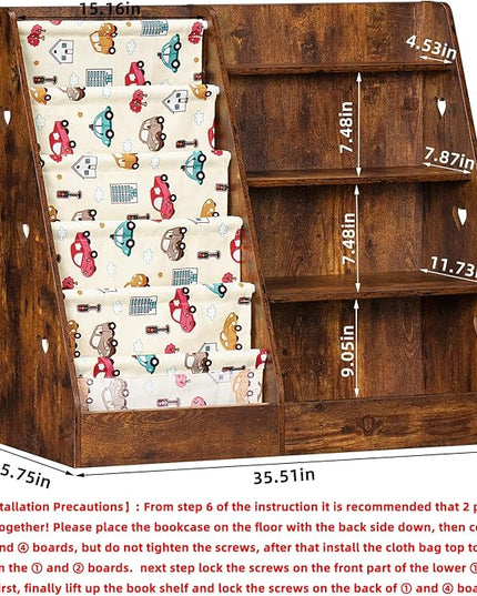 Lerliuo 4 Tier Kids Bookshelf and Storage Organizer, Five Layer Sling Children Bookcase, Baby Toddler Wooden Book Shelf, Display Cabinet for Playroom, Bedroom, Classroom, Nursery, School (Brown) - LeafyLoom
