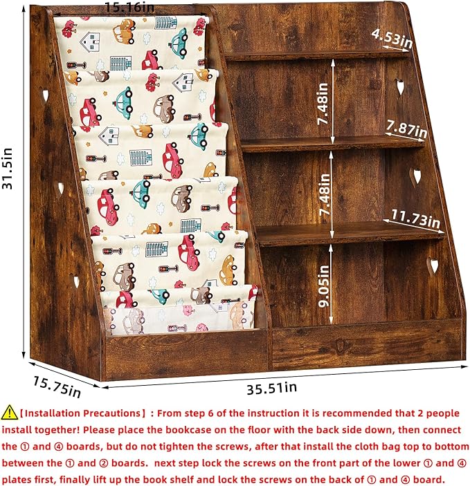 Lerliuo 4 Tier Kids Bookshelf and Storage Organizer, Five Layer Sling Children Bookcase, Baby Toddler Wooden Book Shelf, Display Cabinet for Playroom, Bedroom, Classroom, Nursery, School (Brown) - LeafyLoom