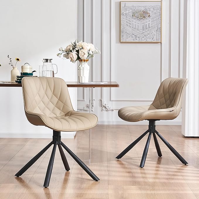 YOUNUOKE Upholstered Dining Chairs Set of 2 Comfortable Mid Century Modern Kitchen Chair with Sturdy Metal Legs Faux Leather Dinner Chairs for Kitchen Dining Room, Khaki - LeafyLoom
