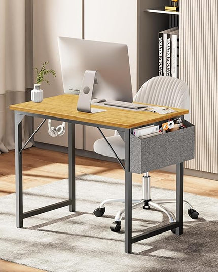 Sweetcrispy Small Computer Office Desk 32 Inch Kids Student Study Writing Work with Storage Bag & Headphone Hooks Modern Simple Home Bedroom PC Table - LeafyLoom