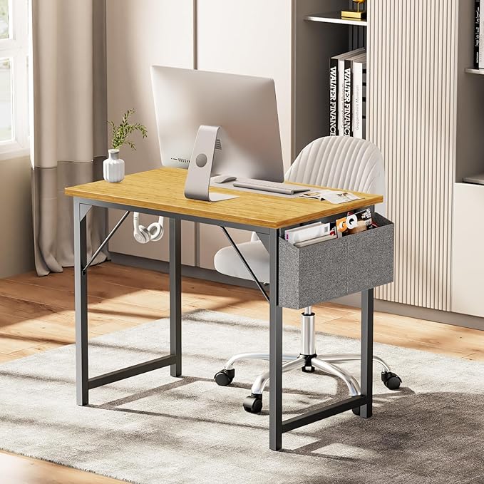 Sweetcrispy Small Computer Office Desk 32 Inch Kids Student Study Writing Work with Storage Bag & Headphone Hooks Modern Simple Home Bedroom PC Table - LeafyLoom