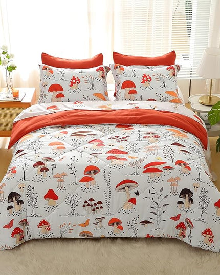 Mushroom Comforter Set Twin Size for Boys Girls Kids Teens 7 Piece Butterfly Flower Bedding Set Bed in a Bag (1 Comforter, 1 Flat Sheet, 1 Fitted Sheet, 2 Pillow Shams, 2 Pillowcases) - LeafyLoom