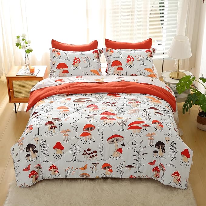 Mushroom Comforter Set Twin Size for Boys Girls Kids Teens 7 Piece Butterfly Flower Bedding Set Bed in a Bag (1 Comforter, 1 Flat Sheet, 1 Fitted Sheet, 2 Pillow Shams, 2 Pillowcases) - LeafyLoom