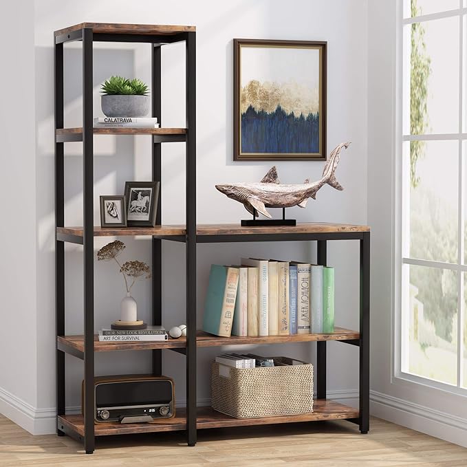 L Shaped Bookshelf Corner Etagere Bookcase for Living Room Home Office, Brown - LeafyLoom