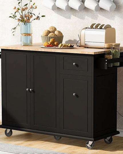 53.9" Drop Leaf, Rolling Island on Wheels w/Drawer and 3-Tier Pull Out Cabinet Organizer, Kitchen Storage Cart with Spice, Towel Rack, Black, 53.94 Inch - LeafyLoom