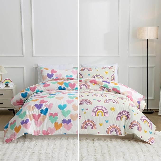 Btargot Lightweight Soft 3 Piece Rainbow Comforter Set with 2 Pillow Covers, Cartoon Love Hearts Suns and Stars Bedding Set for Girls Boys Kids, Full Purple - LeafyLoom