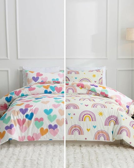 Btargot Lightweight Soft 3 Piece Rainbow Comforter Set with 2 Pillow Covers, Cartoon Love Hearts Suns and Stars Bedding Set for Girls Boys Kids, Queen Purple - LeafyLoom
