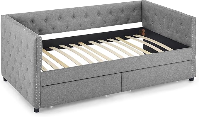 RITSU Twin Size Upholstered Daybed, Pull Out with Two Storage Drawers, Solid Wood Frame Sofa Bed, Tufted Buttons and Copper Nails On Square Arms, for Bedrooms, Apartments, 82.75, Grey-1 - LeafyLoom