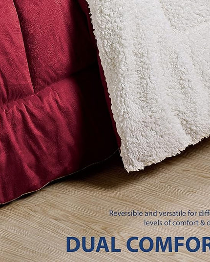Cathay Home King Comforter Set: Ultra Soft and Plush Reversible Micromink and Sherpa 3-Piece Bedding Set, Burgundy, King (102" x 90") - LeafyLoom