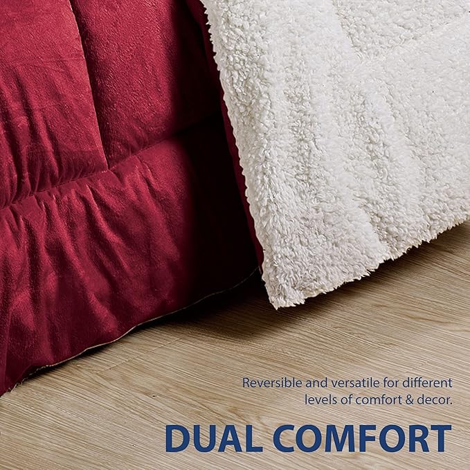 Cathay Home King Comforter Set: Ultra Soft and Plush Reversible Micromink and Sherpa 3-Piece Bedding Set, Burgundy, King (102" x 90") - LeafyLoom